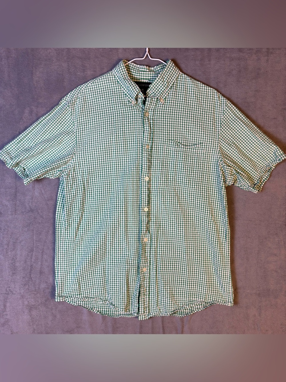 Lands End Mens M Short Sleeve Gingham Seersucker Button Down Shirt Green